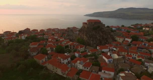 Vue Aérienne Coucher Soleil Ville Petra Lesbos Grèce — Video