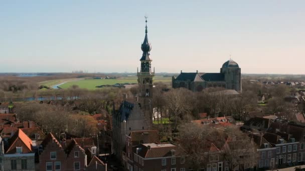 Letectví Historické Město Veere Starým Přístavem Kostely Jaře — Stock video