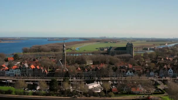 Aéreo Cidade Histórica Veere Com Porto Velho Igrejas Dia Primavera — Vídeo de Stock