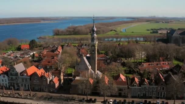 Aéreo Cidade Histórica Veere Com Porto Velho Igrejas Dia Primavera — Vídeo de Stock