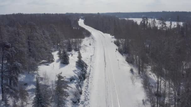 加拿大盾森林中穿行的雪地火车鸟瞰全景 — 图库视频影像