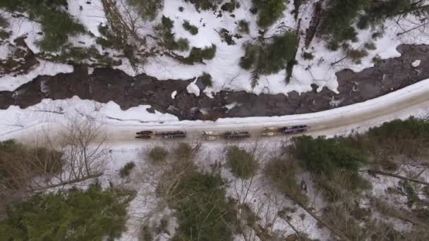 Drohnenaufnahmen Von Drei Pferdegespannen Die Einem Engen Gebirgstal Neben Einem — Stockvideo