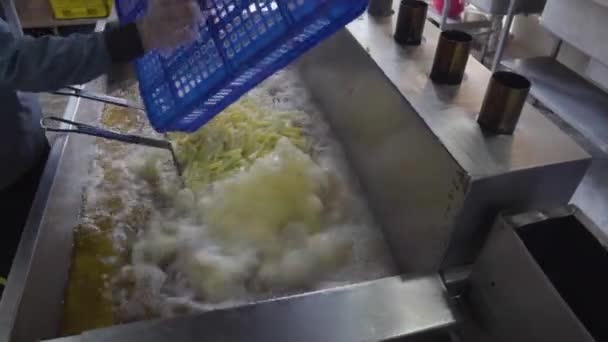 在一家工厂里准备好了饭菜生产线 厨师在一个大薯条里煎薯条 — 图库视频影像