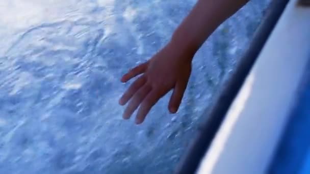 Slow Motion Shot Child Hand Touching Moving Water Small Fishing — Stock Video