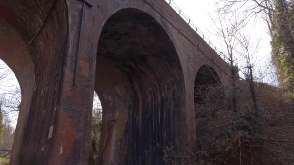 Magas Íves Tégla Vasúti Híd Egy Sekély Patak Felett Vidéken — Stock videók