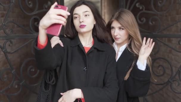 Deux Adolescentes Blanches Élégantes Manteaux Noirs Prenant Des Selfies Avec — Video