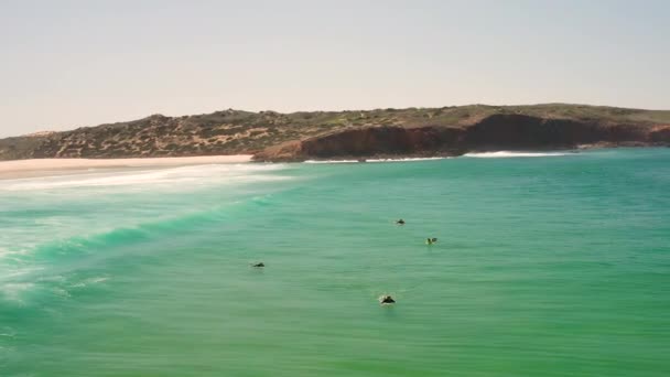 Aérea Surfeando Playa Bordeira Algarve Portugal — Vídeos de Stock