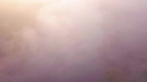 Amanecer Con Niebla Pesada Foto Aérea Puente Peatonal Sobre Río — Vídeos de Stock