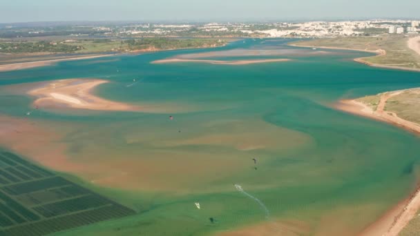 Vzduch Akvakultura Kitesurfing Laguně Alvor Portugalsku — Stock video