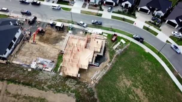 Aerial View Construction Site Builders Working Brand New House — Stock Video