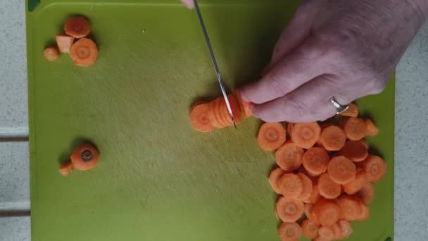 Elderly Chef Chopping Carrots Preparing Ingredients Soup — Stock Video