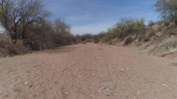 Aerial Drone Hovers Dried Desert River — Stock video