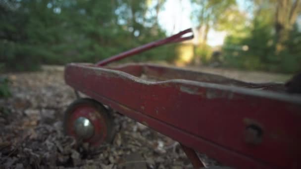Крупный План Гнилого Сломанного Дерева Старой Поврежденной Красной Повозке Ребенка — стоковое видео
