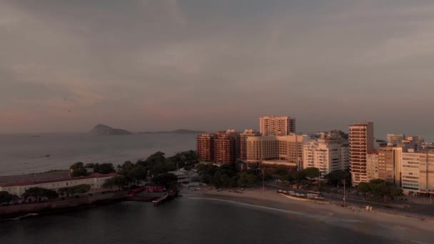 Aerial Panning Movement Golden Hour Copacabana Fort Rio Janeiro Ocean — Stock Video