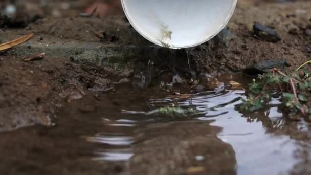 Rain Water Slowly Running Pipe Slow Motion Close — Stock Video