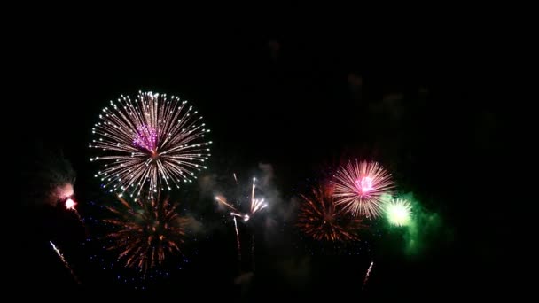 Schöne Feier Abstrakte Bunte Feuerwerk Bei Nacht Hintergrund — Stockvideo