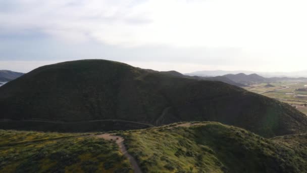 Drone Skott Kretsar Runt Kalifornien Vildblomma Täckt Bergstopp Superblomman Med — Stockvideo