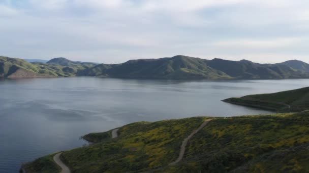 Дрони Літають Над Квітковою Верхівкою Показують Велике Озеро Південній Каліфорнії — стокове відео