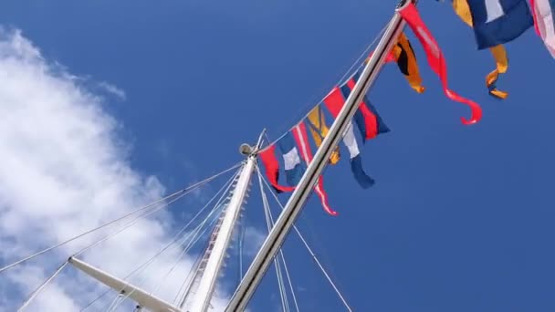 Tiro Ascendente Uma Variedade Bandeiras Coloridas Soprando Forte Brisa Navio — Vídeo de Stock