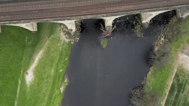 Vue Aérienne Des Oiseaux Des Chemins Fer Traversant Rivière Dans — Video