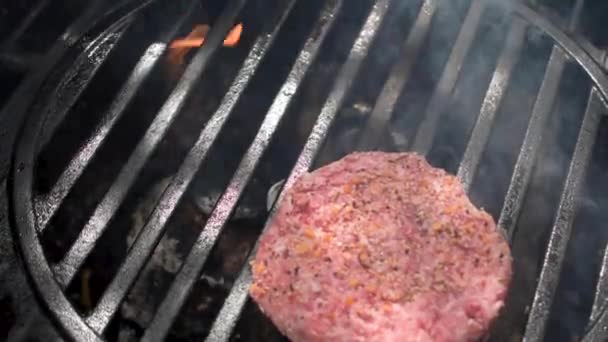 Primer Plano Parrilla Aire Libre Como Hamburguesas Carne Sazonada Hamburguesas — Vídeo de stock