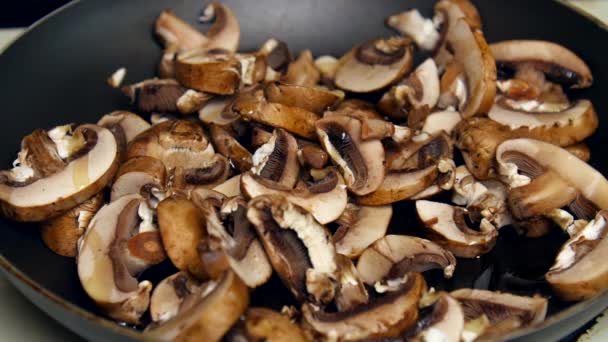 Gesneden Champignons Koken Een Pan — Stockvideo