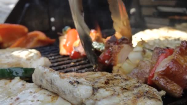 Convertir Carne Verduras Una Parrilla Barbacoa — Vídeo de stock