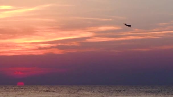 Pesawat Lalat Kanan Out Shot Sunset Ocean Horizon Background Perkecil — Stok Video