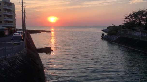Ποταμός Στόμα Στον Ωκεανό Ηλιοβασίλεμα Στο Παρασκήνιο Παλίρροια Κυλάει Και — Αρχείο Βίντεο