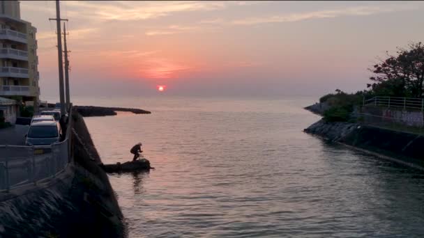 Silhouet Van Visser Die Zijn Net Verzamelt Rivier Mond Oceaan — Stockvideo