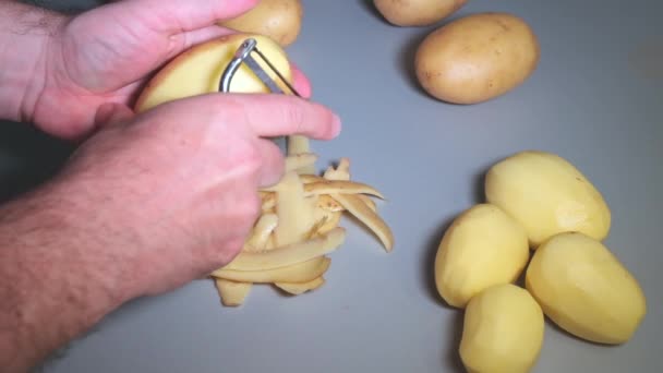 Mouvement Lent Des Mains Masculines Épluchant Les Pommes Terre Avec — Video