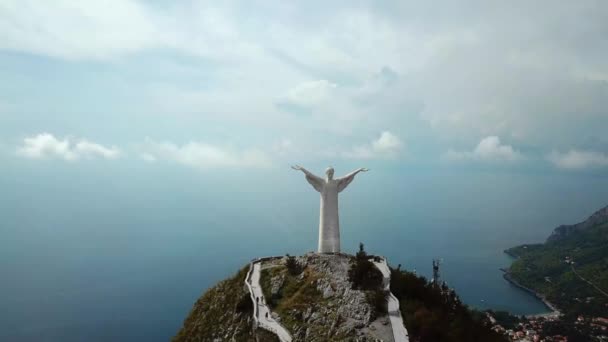 Drone Passing Maratea Christ Travel Place Background — Stock Video