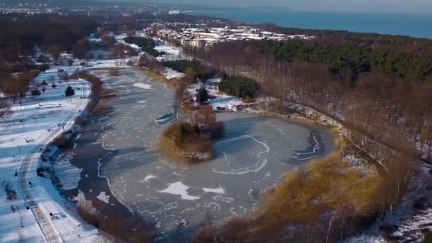 Aérea Ciudad Gdansk Ronald Reagan Park Invierno 2018 Volando Hacia — Vídeos de Stock