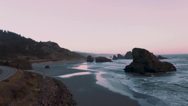 无人机缓缓向前飞行 展示了太平洋101号高速公路的部分路段和俄勒冈州南部海岸美丽的海洋堆栈 — 图库视频影像