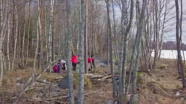 Familie Voorbereiding Kampvuur Het Bos Antenne — Stockvideo