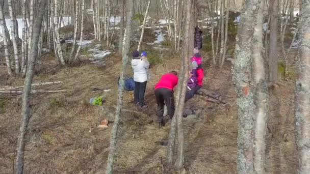 Aerial Family Campfire Forest — Stock Video