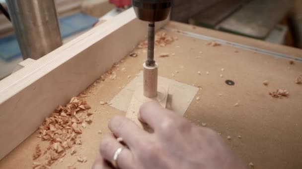 Woodworker Using Drill Press Wood Bit Drill Dowel Dolly Rack — Stock Video