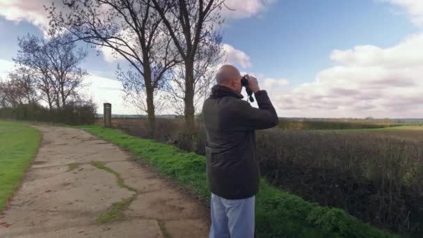 Footage Man Looking Countryside Binoculars Footage Could Show Either Farmer — Stock Video