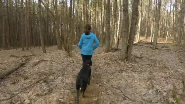 Chica Caminando Entre Árboles Sendero Montaña Con Perro Negro Durante — Vídeos de Stock