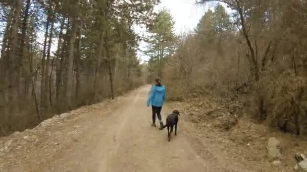 Girl Walking Mountain Trail Forest Black Dog View Back — Stock Video