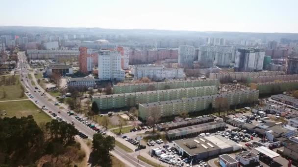Powietrza Miasta Gdańsk Drona Budynki Mieszkalne Ulica Samochodami Dron Latający — Wideo stockowe