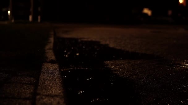 Puddle Rain Shower Night Car Bicycle Pass Lights Reflect Water — Stock Video