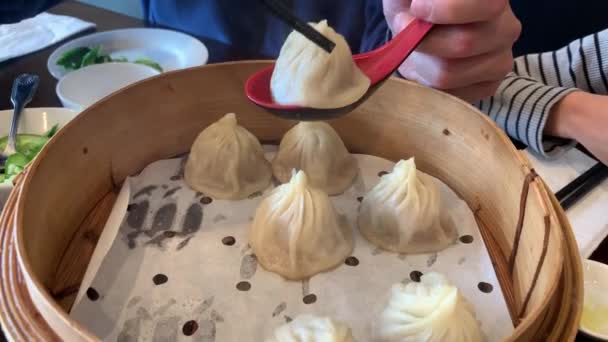 Çin Restoranında Geleneksel Çorba Köftelerinin Domuz Xiaolongbao Nasıl Yeneceği Üzerine — Stok video