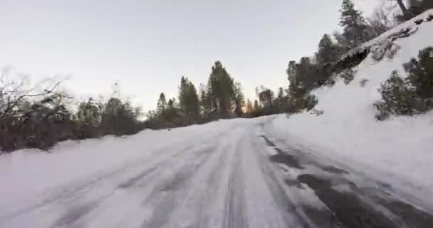 Karlı Bir Patikadan Aşağı Sürerken Dağlarda Hızlı Hareket Eden Ilk — Stok video