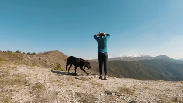 女の子は黒いラブラドール犬と山の上に立って 晴れた秋の日に 後ろからの眺め — ストック動画