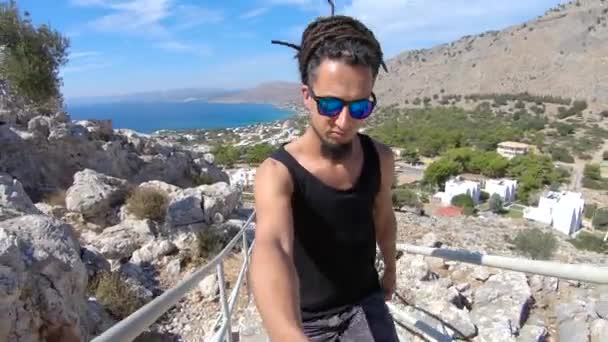 Climbing Stairway Beautiful Island Rhodes Greece Have Amazing View — Stock Video