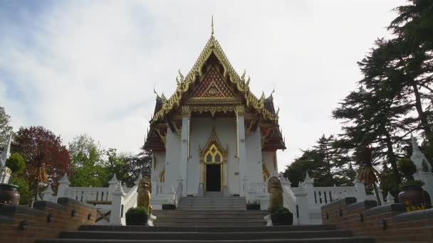Медленное Движение Туриста Прибывающего Тайский Буддийский Храм Закате Смотрящего Вдаль — стоковое видео