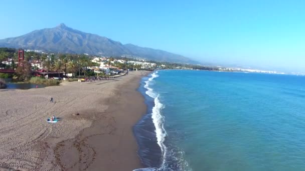 Drone Flying View Marbella Golden Mile Beach Concha Mountain Beautiful — Stock Video
