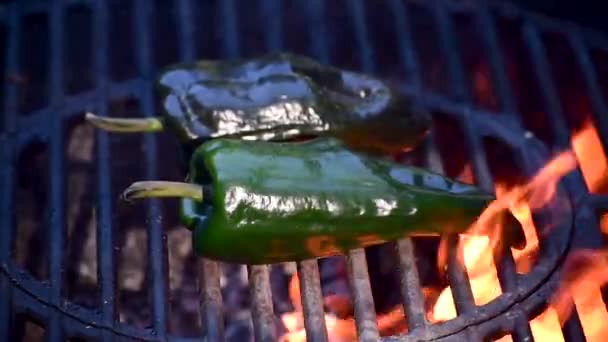 Pimentas Poblano Closeup Churrasqueira Livre Mostrando Chamas Fumaça Com Espaço — Vídeo de Stock