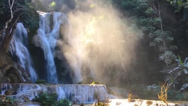Cascada Kuang Falls Con Niebla Mañana Rayos Sol Brillan Través — Vídeo de stock